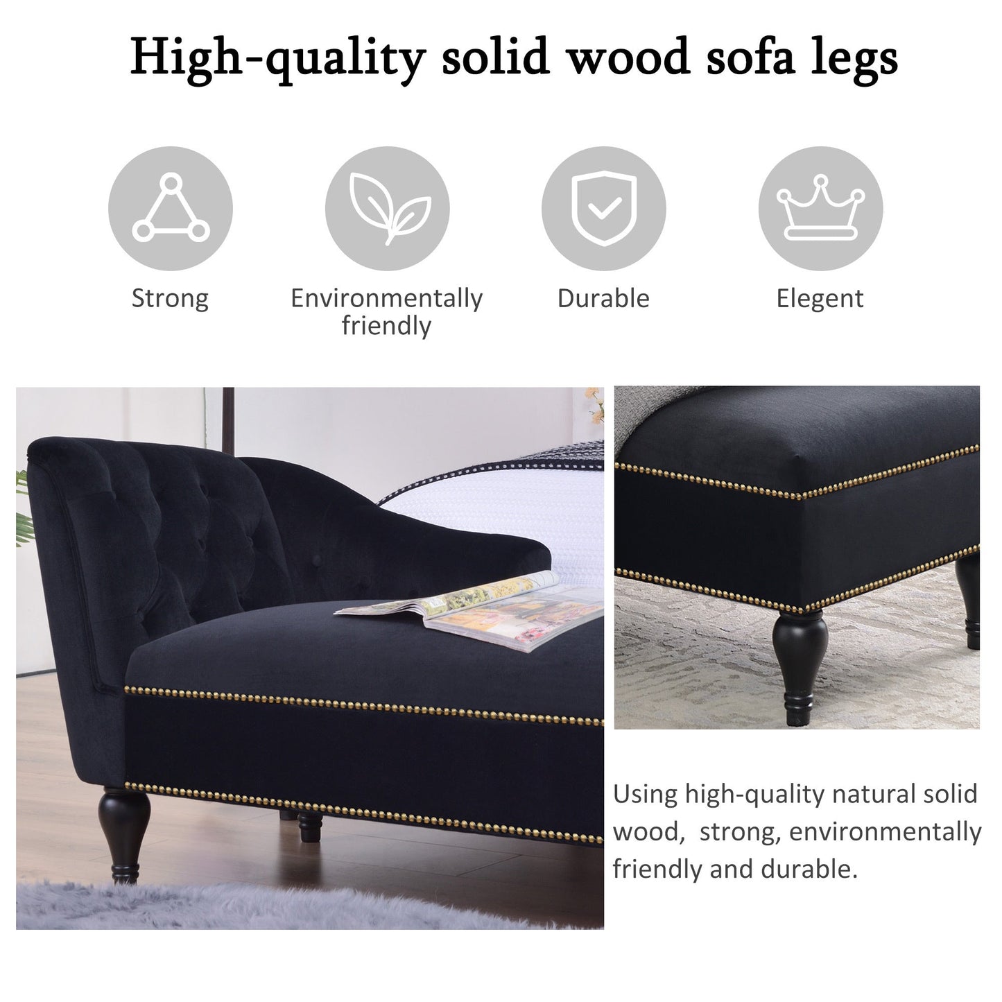 58" Velvet Chaise Lounge with Nailhead Trim and Solid Wood Legs