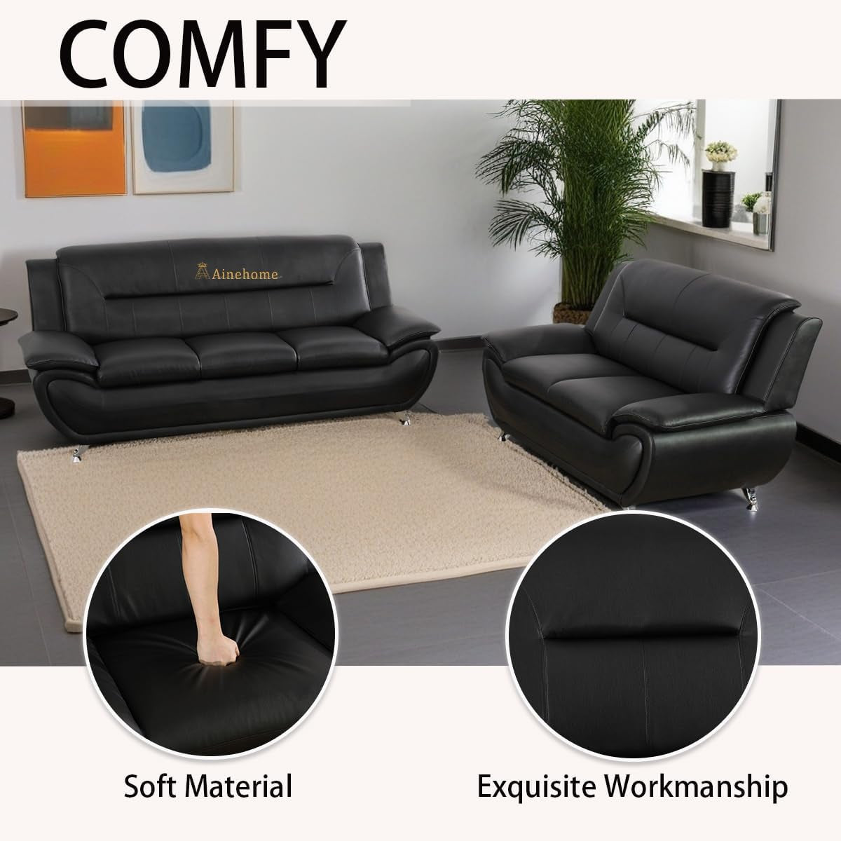 Black 5 Seat Faux Leather Sectional Sofa Set For Living Room