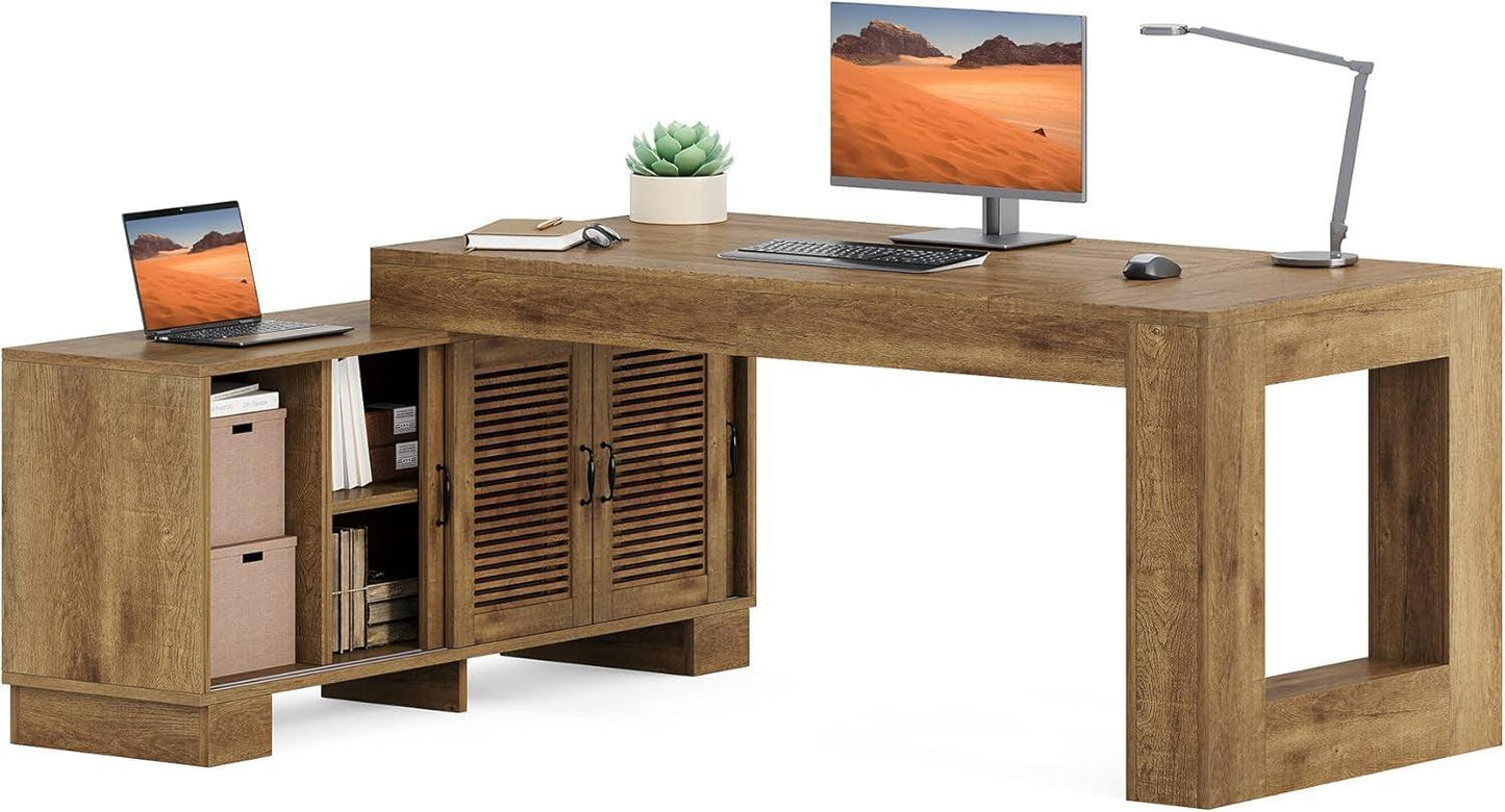 Brown 63 Inch Long L Shaped Desk With Sliding Cabinets