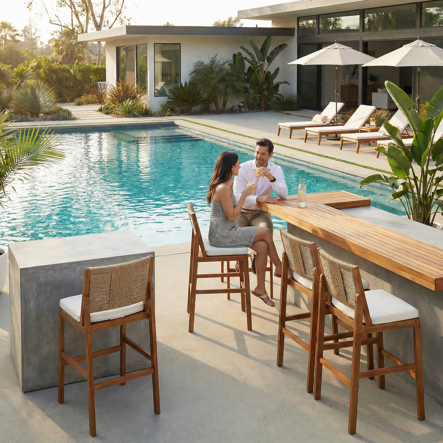 4 Pieces Natural Outdoor Bar Stool Solid Acacia Wood and Woven Wicker