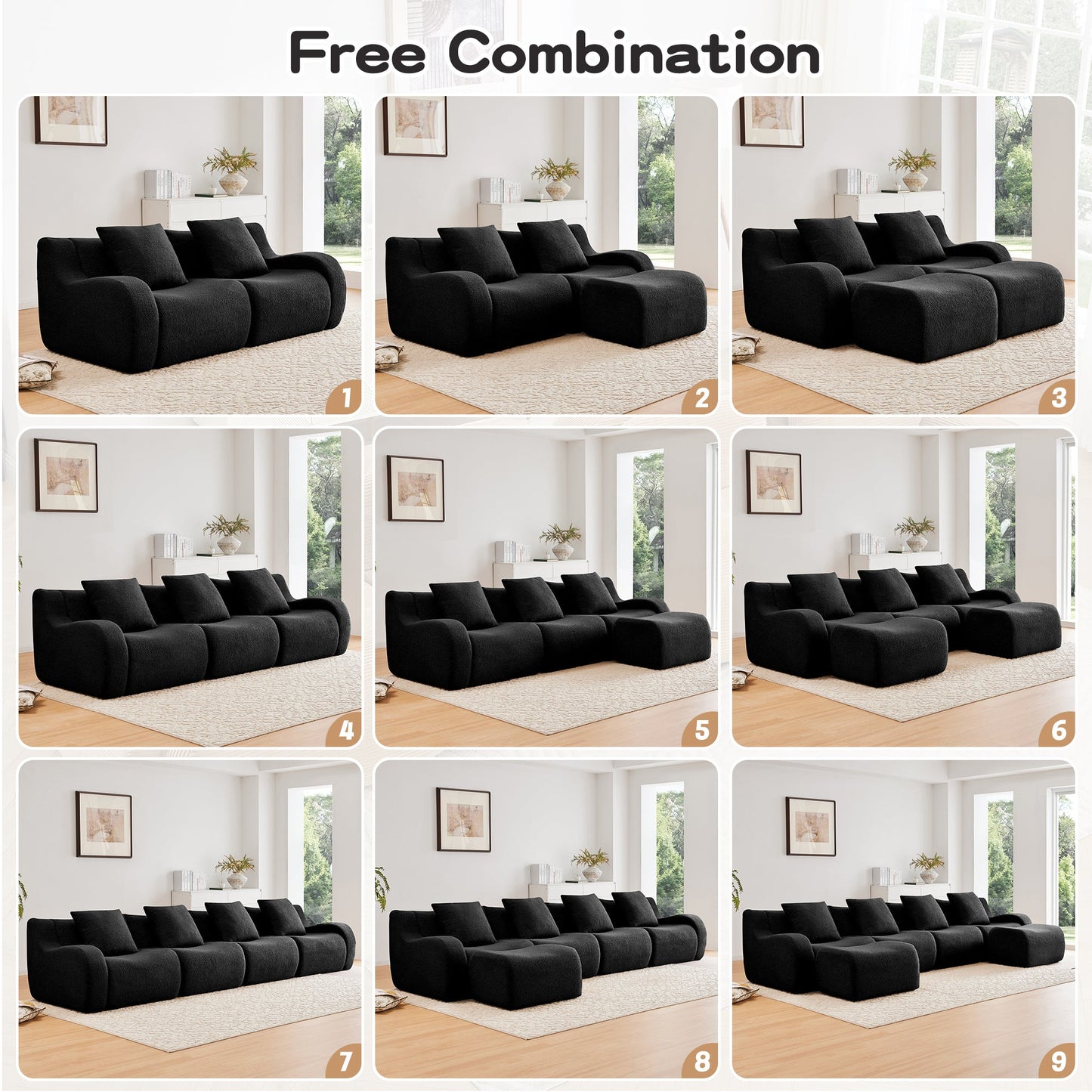 U-Shaped Boneless Sofa,Teddy Fabric No assembly required Curved armrest,Anti-slip Design,Streamlined Design 32D High Density Sponge,Full Compression Vacuum Packag,For Studies living Rooms,Black