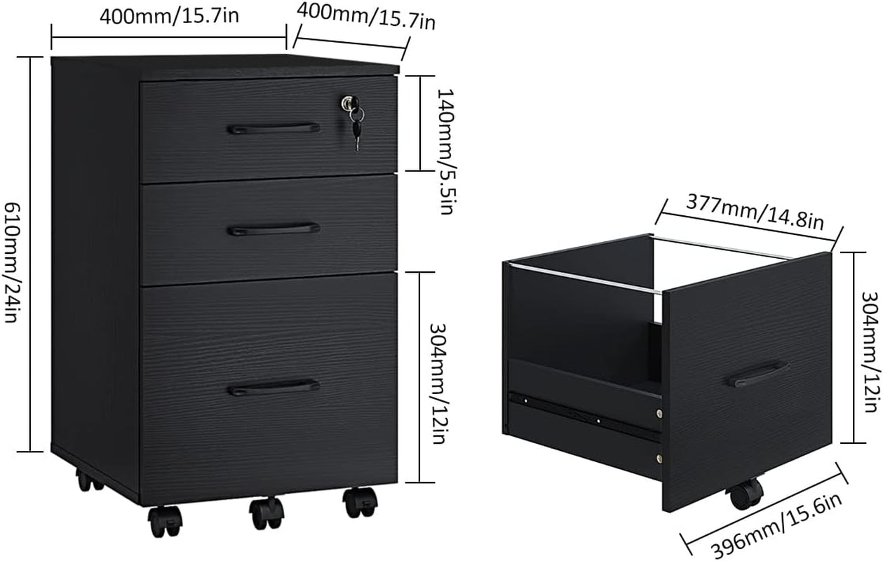 3 Drawer Wood Mobile File Cabinet With Wheels Black Under Desk Office Storage For Home Office Use