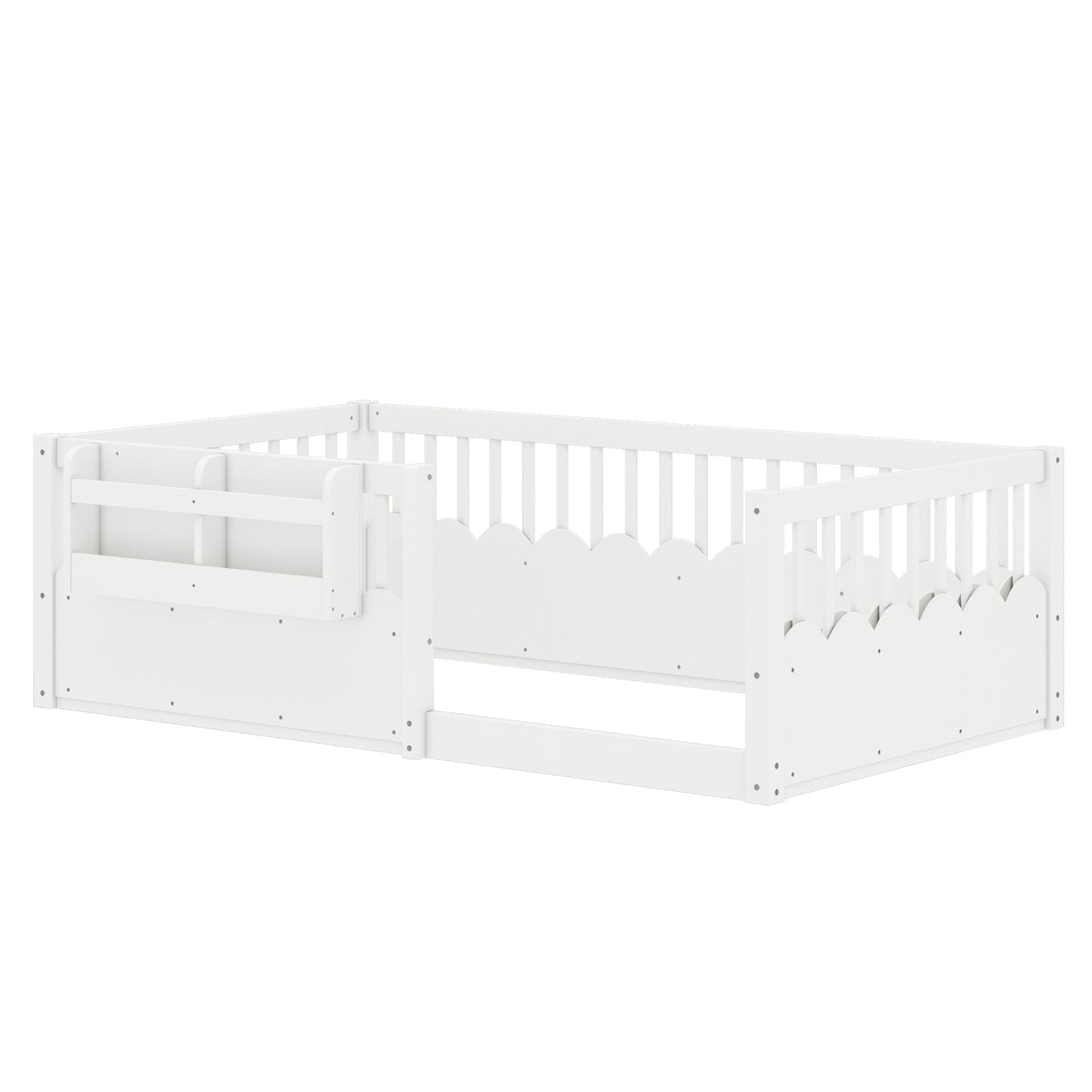 Twin Floor bed with Heightened Fence and bookshelf ,Wood Floor Bed for Kids, White.