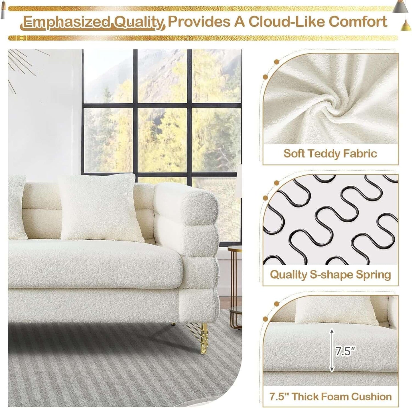 Two Piece Living Room Sofa Set White Teddy Boucle showcasing soft teddy fabric and 7.5" thick foam cushion.