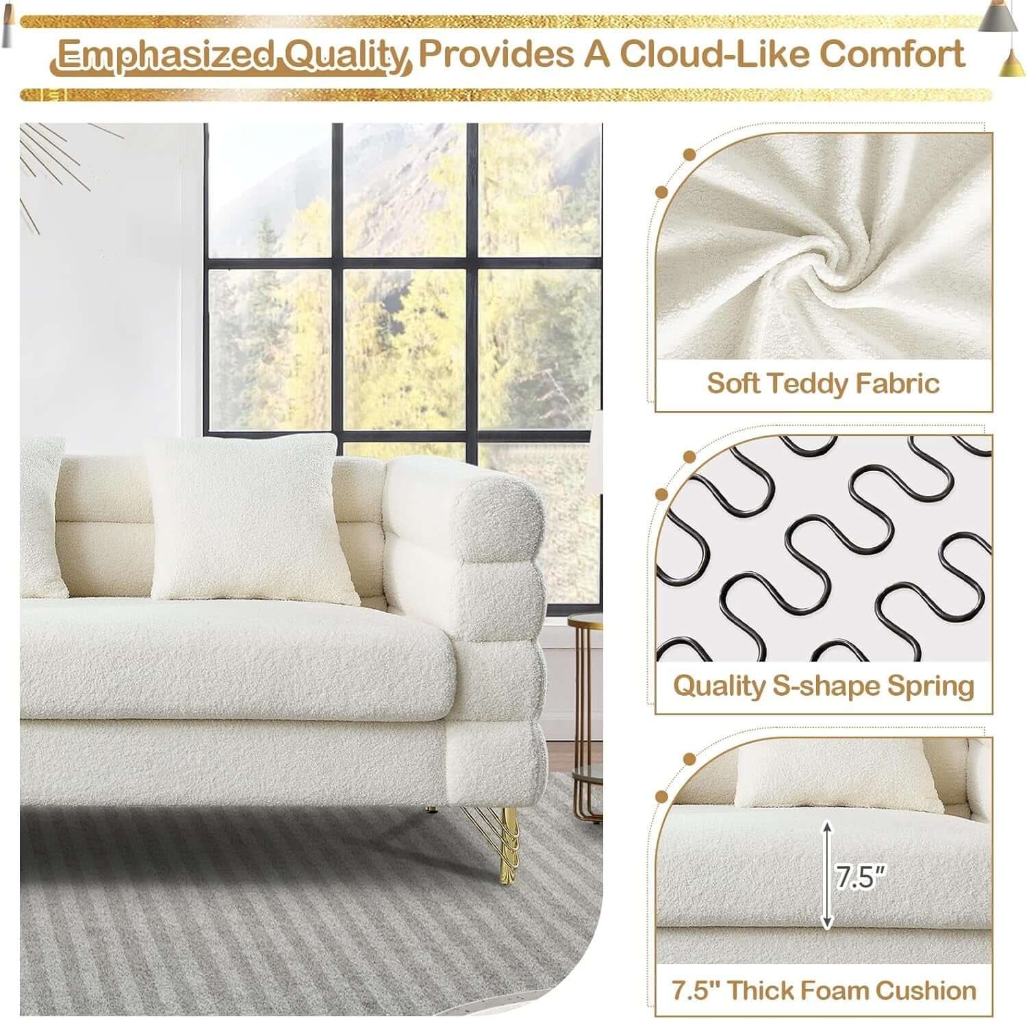 Two Piece Living Room Sofa Set White Teddy Boucle showcasing soft teddy fabric and 7.5" thick foam cushion.