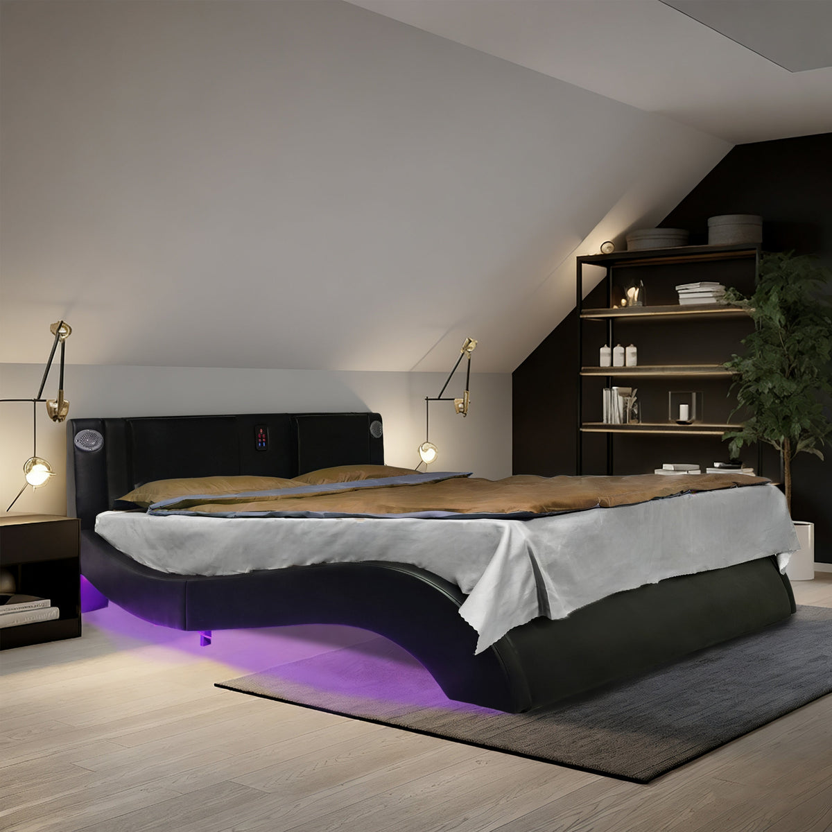Faux Leather Upholstered Platform Bed Frame with LED Lighting