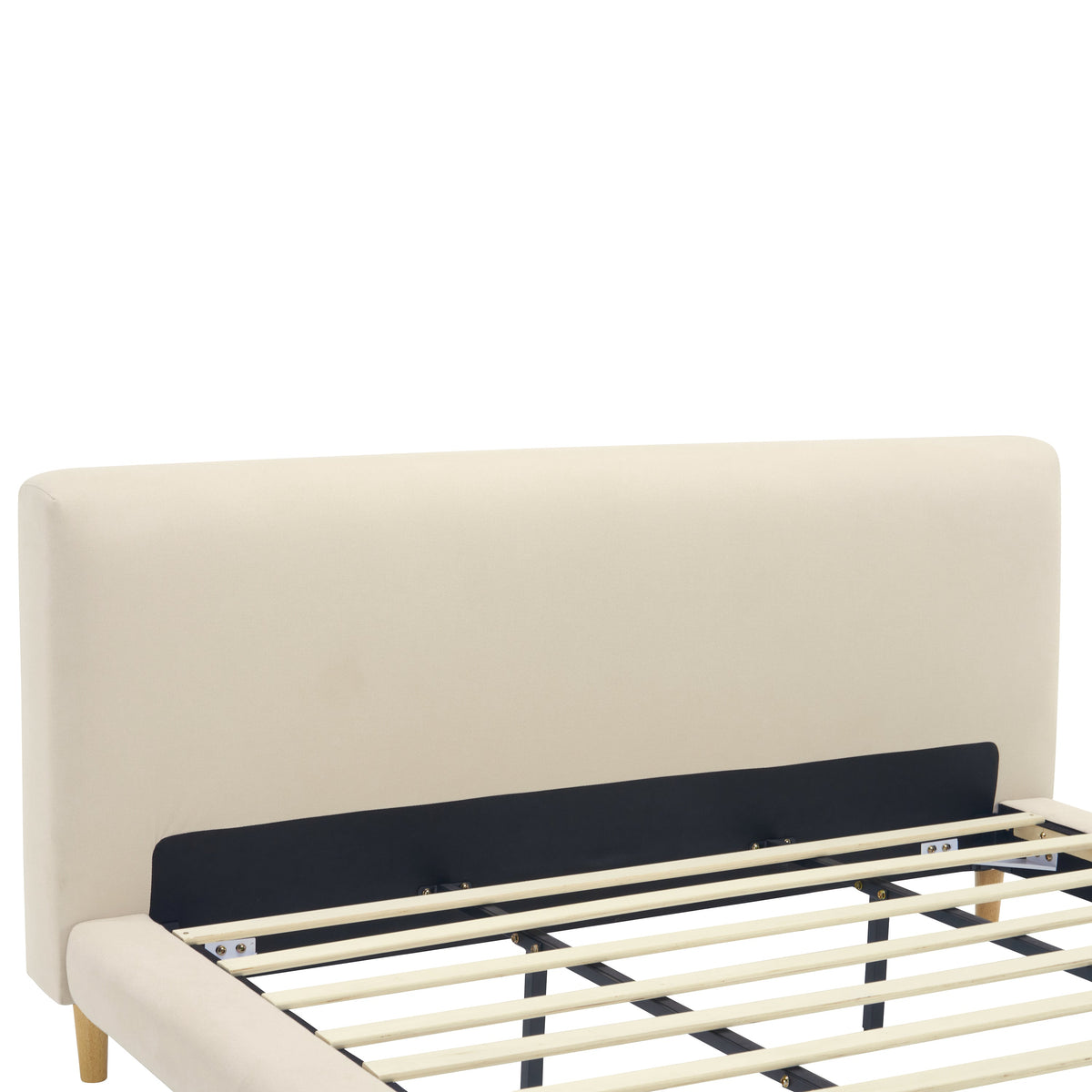 Beige Chunky Headboard Bed Frame, Solid Rubberwood Legs, Cal-King