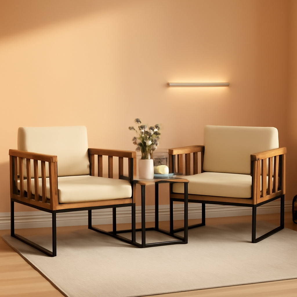Three Piece Acacia Wood Patio Chair Set With Cushioned Seats For Balcony Porch And Backyard Beige