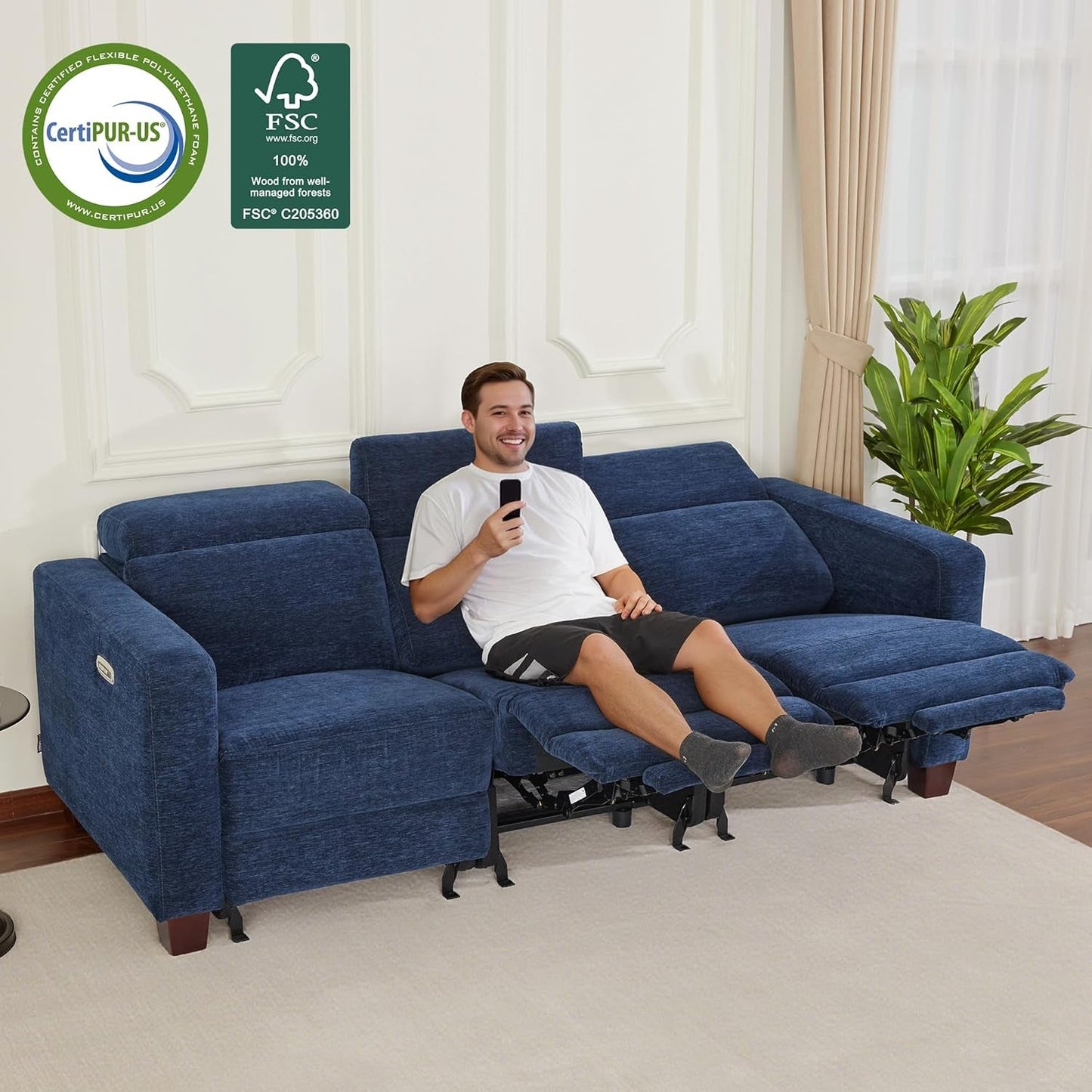 Navy Blue Zero Wall Hugger Power Reclining Sofa USB Ports