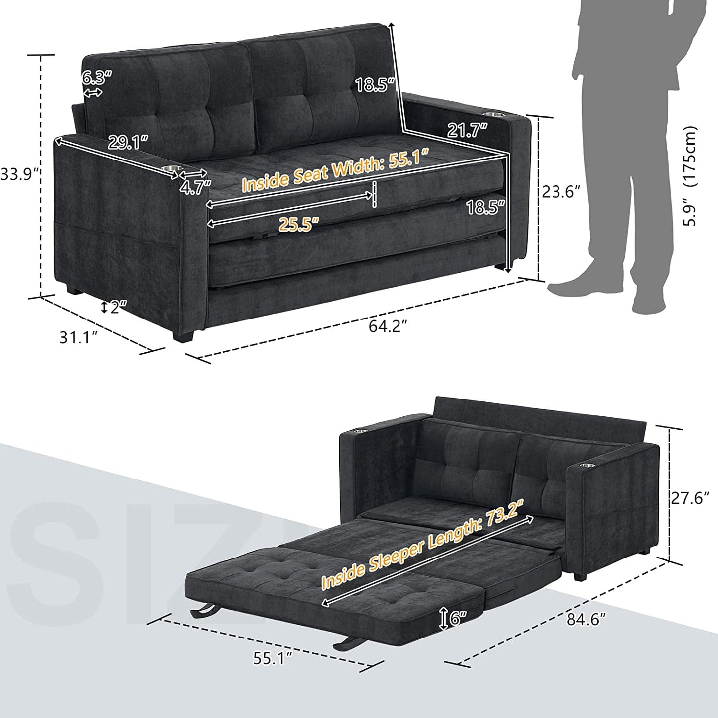 Full Size Futon Sofa Bed Convertible For Living Room