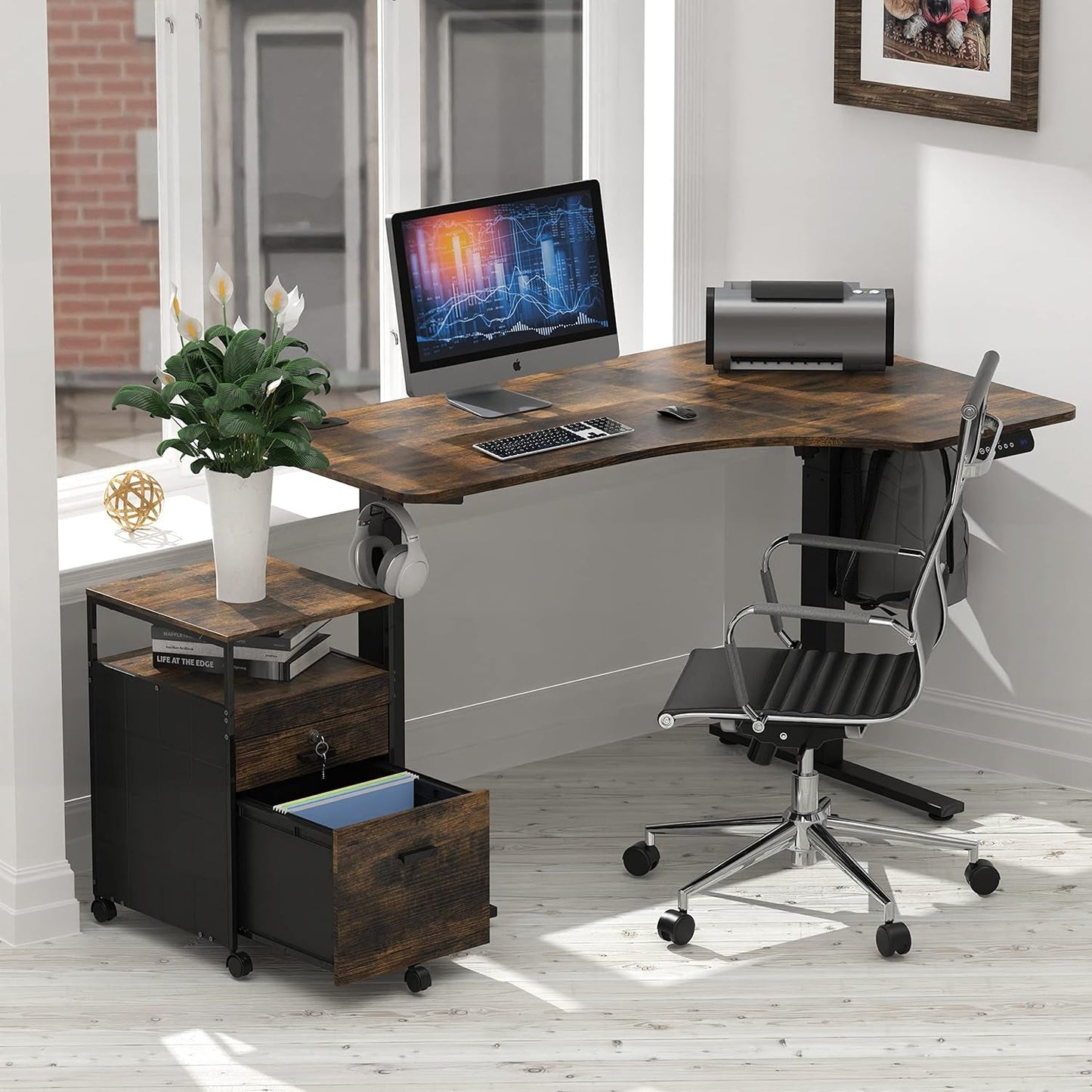 Rolling Mobile File Cabinet Drawers Open Shelf Rustic Brown
