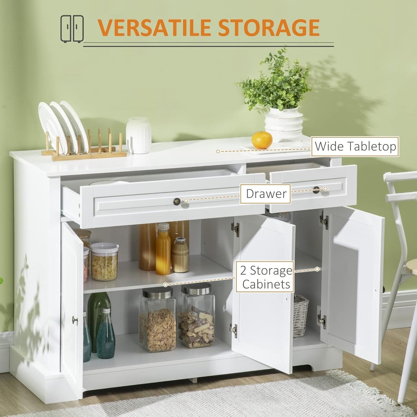 White Sideboard Buffet Cabinet showcasing versatile storage with wide tabletop, drawer, and two storage cabinets.