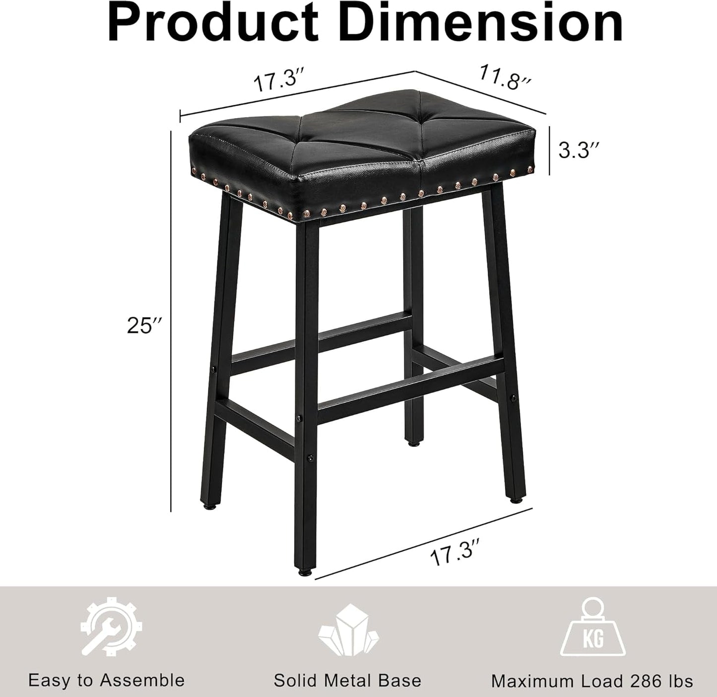 25 Inch Counter Height Bar Stools Set Of 2 In Black With PU Upholstered Saddle Seats For Comfort
