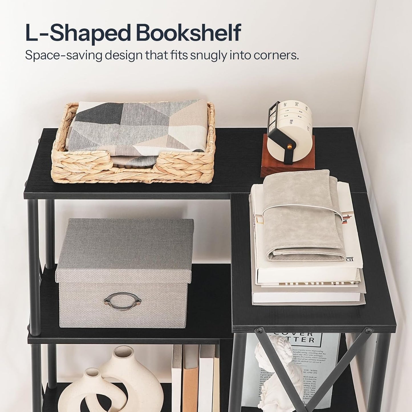 Corner Bookshelf 5 Tier L Shaped Industrial Open Display Shelf Black