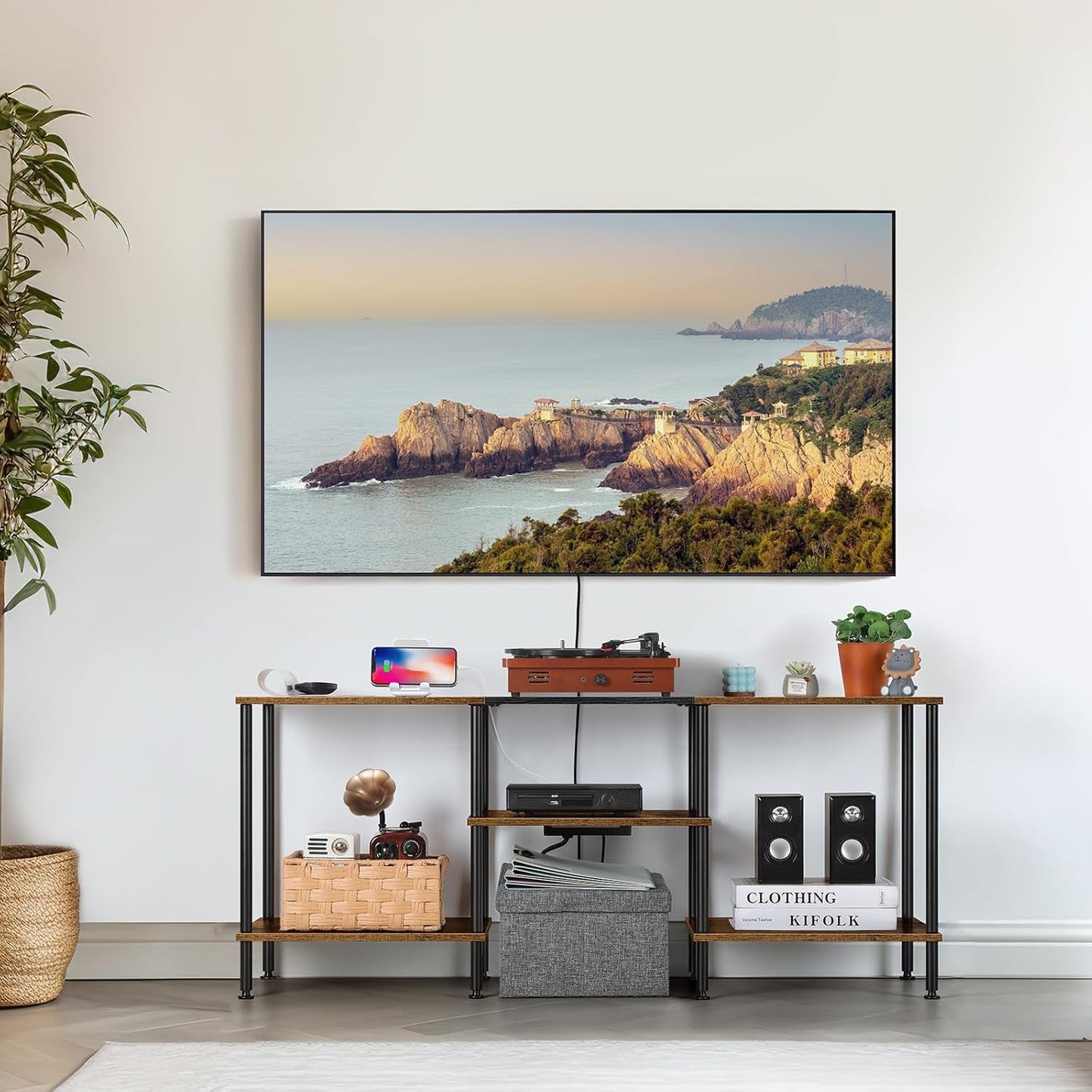 Rustic Brown 50 Inch TV Stand With Power Outlets And Shelf