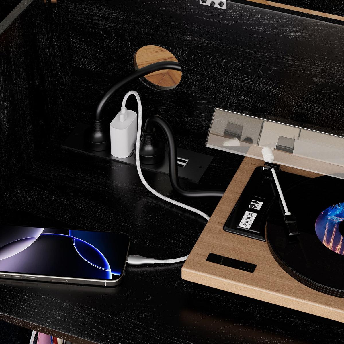 Eco-Friendly Record Player Stand with Flip-Top Storage Cabinet