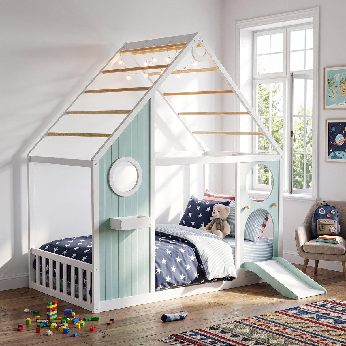 Twin House Bed with Slide, Ball Light Strip, Gray