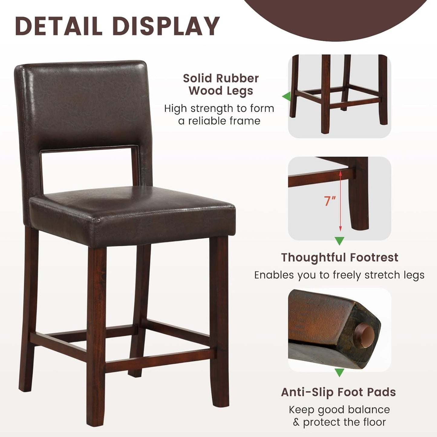 Counter Height Bar Stools Set Of Two, Twenty Four Point Five Inch, Brown Upholstered PVC Leather