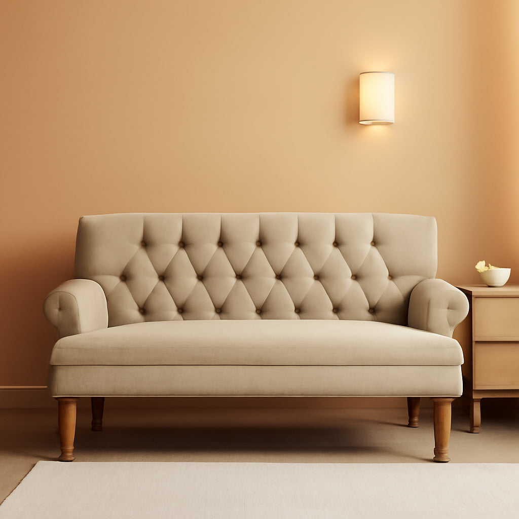 Warm Beige Tufted Linen Love Seat For Small Spaces in a cozy living area with soft lighting.
