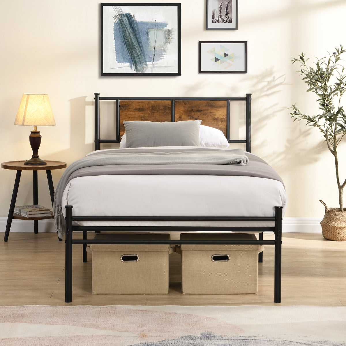 Twin Size Metal Bed Frame with Wood Panel Headboard