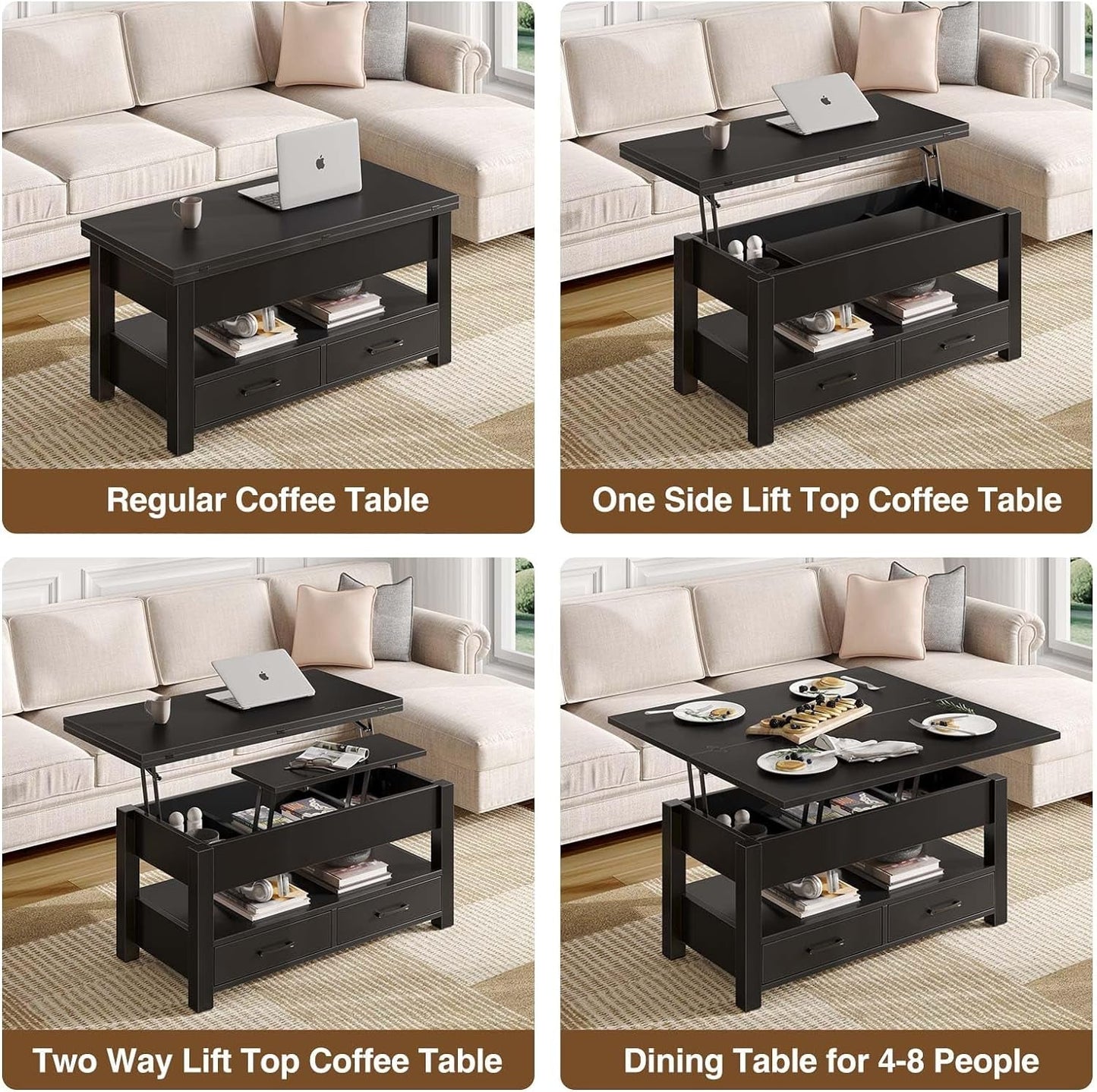 Lift Top Coffee Table With Drawers And Hidden Compartment Black