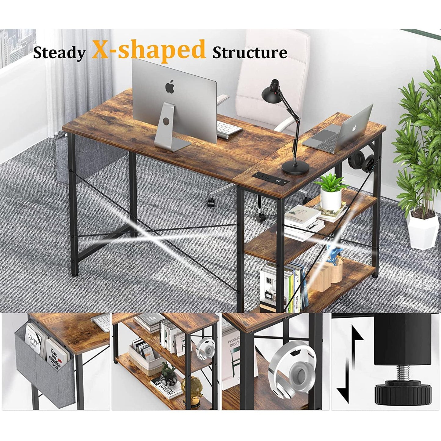 L Shaped Desk With 2 USB Ports And Outlets For Home Office