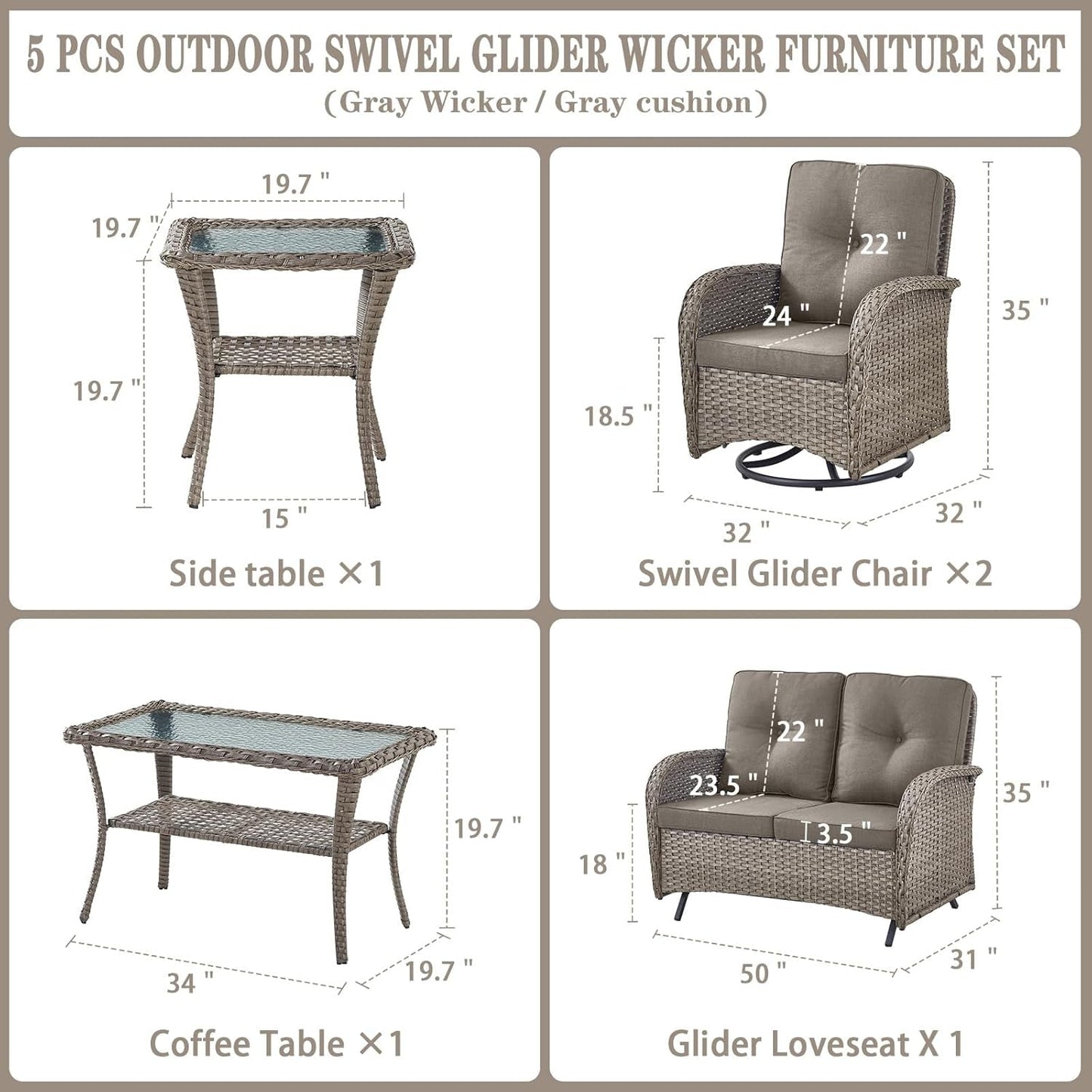 5 Piece Outdoor Patio Set Gray Wicker Swivel Rockers