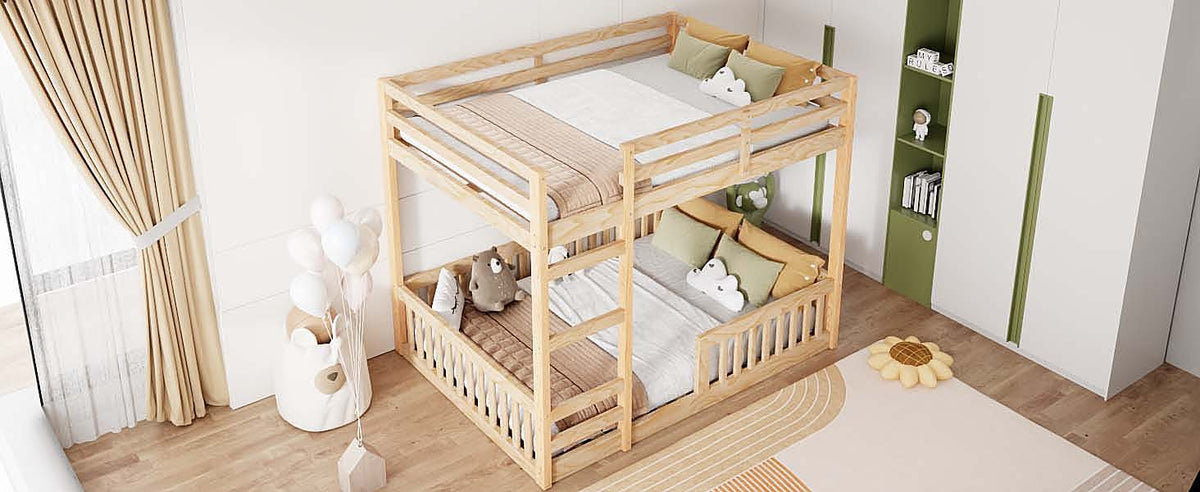 Full Over Full Wood Bunk Bed with Ladder and Guardrails