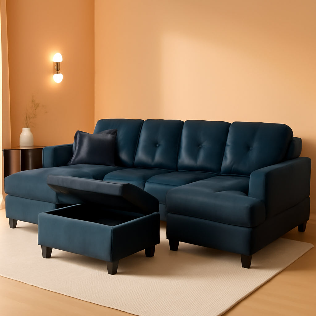 L Shaped 3 Piece Sofa Set With Storage Ottoman Dark Blue