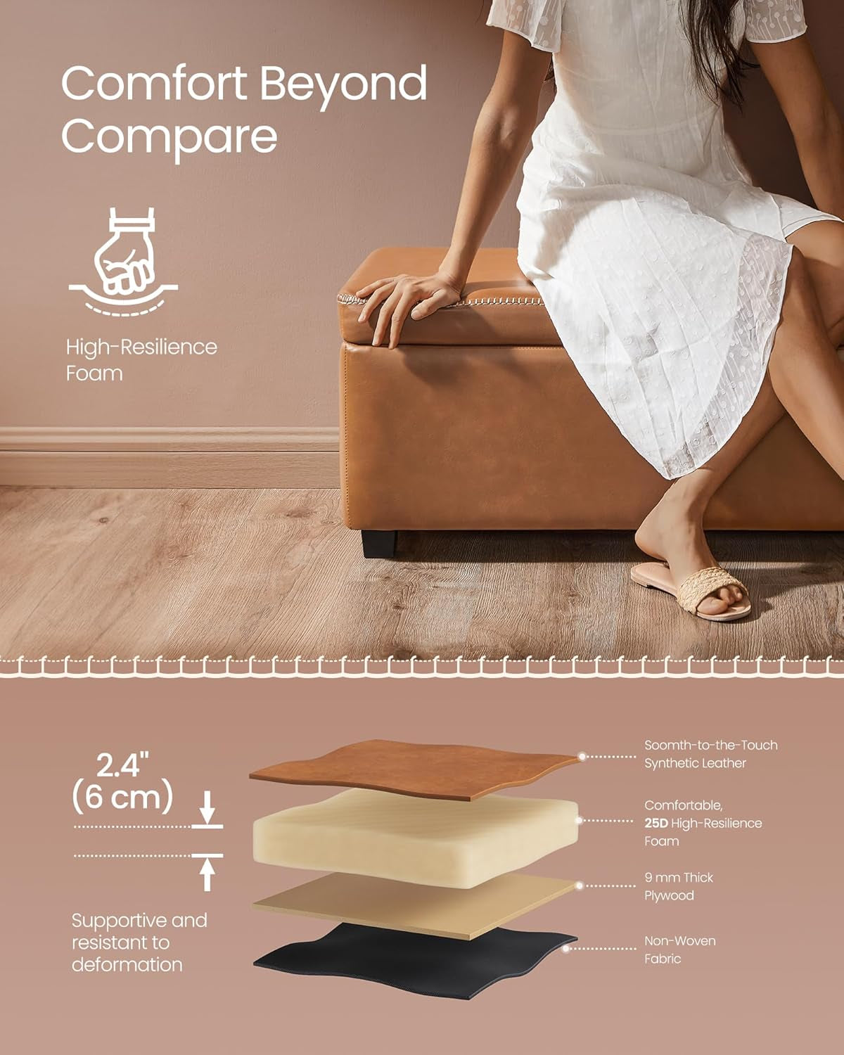 Caramel Brown 25 Gallon Large Capacity Storage Ottoman