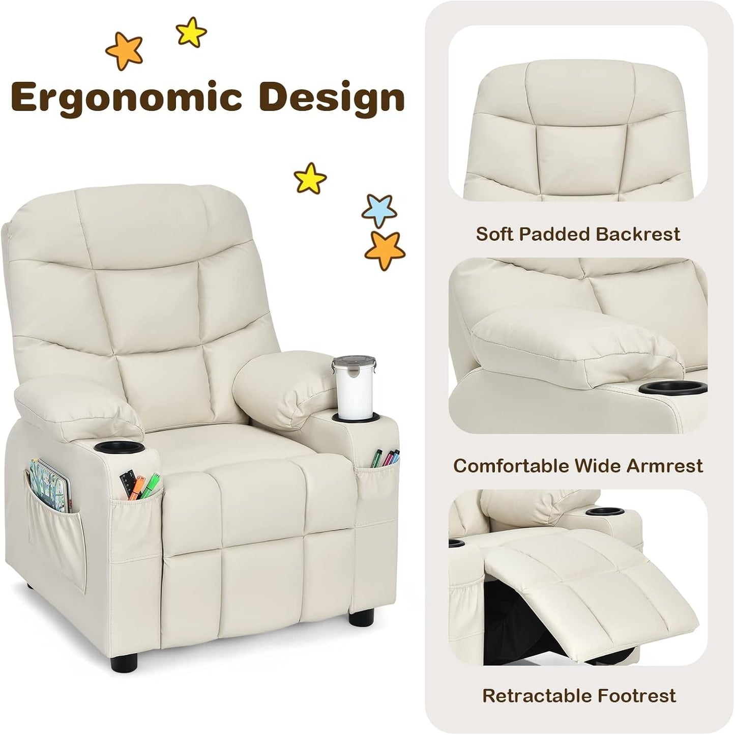 Kids Recliner Chair With Cup Holder And Footrest Beige