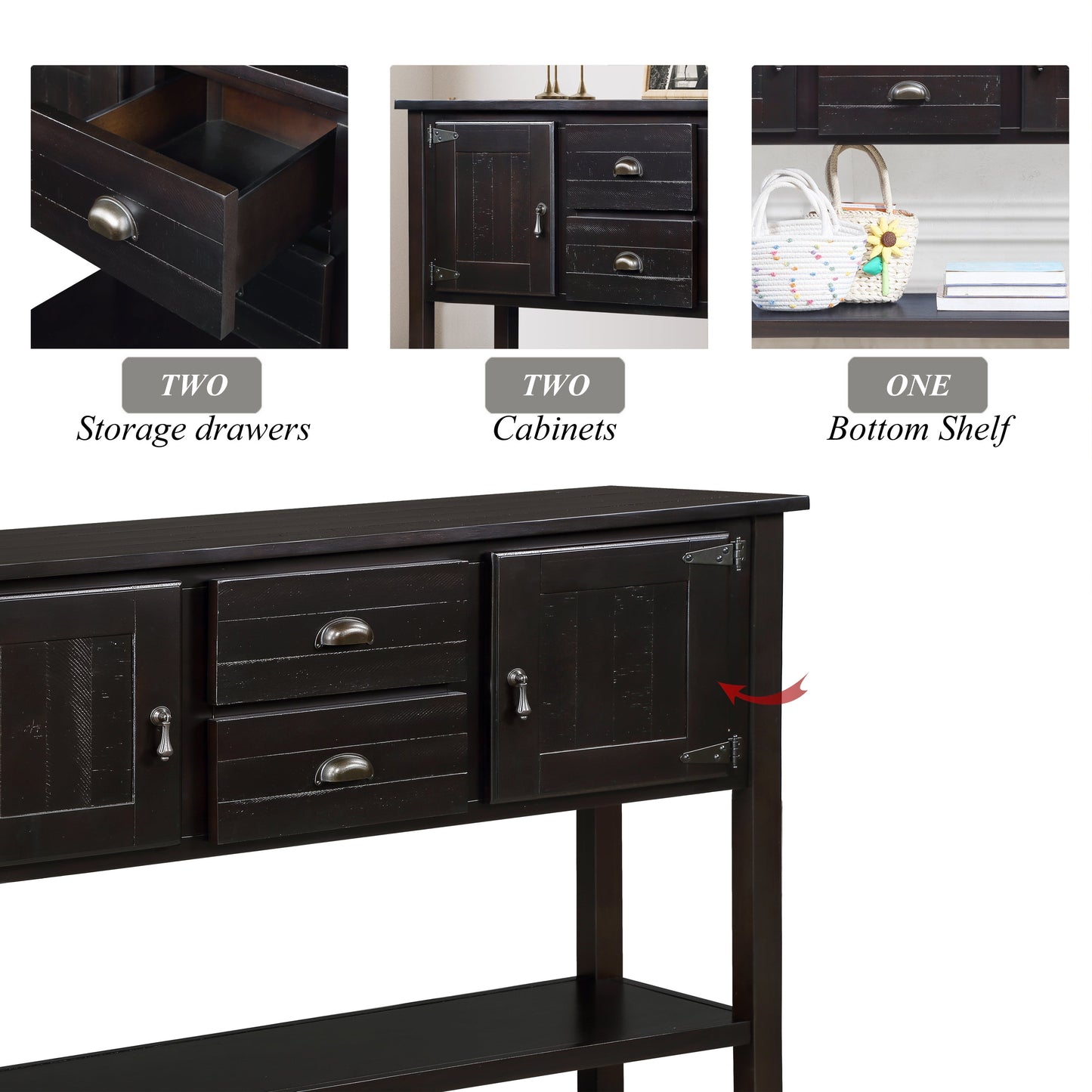 48'' Solid Wood Sideboard Console Table with 2 Drawers and Cabinets and Bottom Shelf, Retro Style Storage Dining Buffet Server Cabinet for Living Room Kitchen Dining Room (Espresso