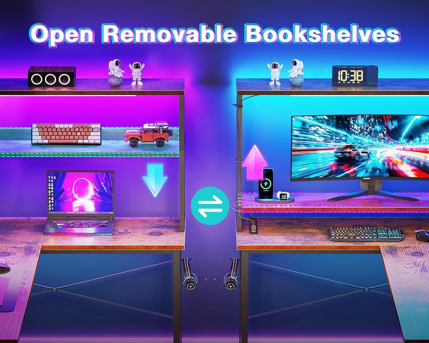 53 Inch L Shaped Desk With LED Lights And Power Outlet