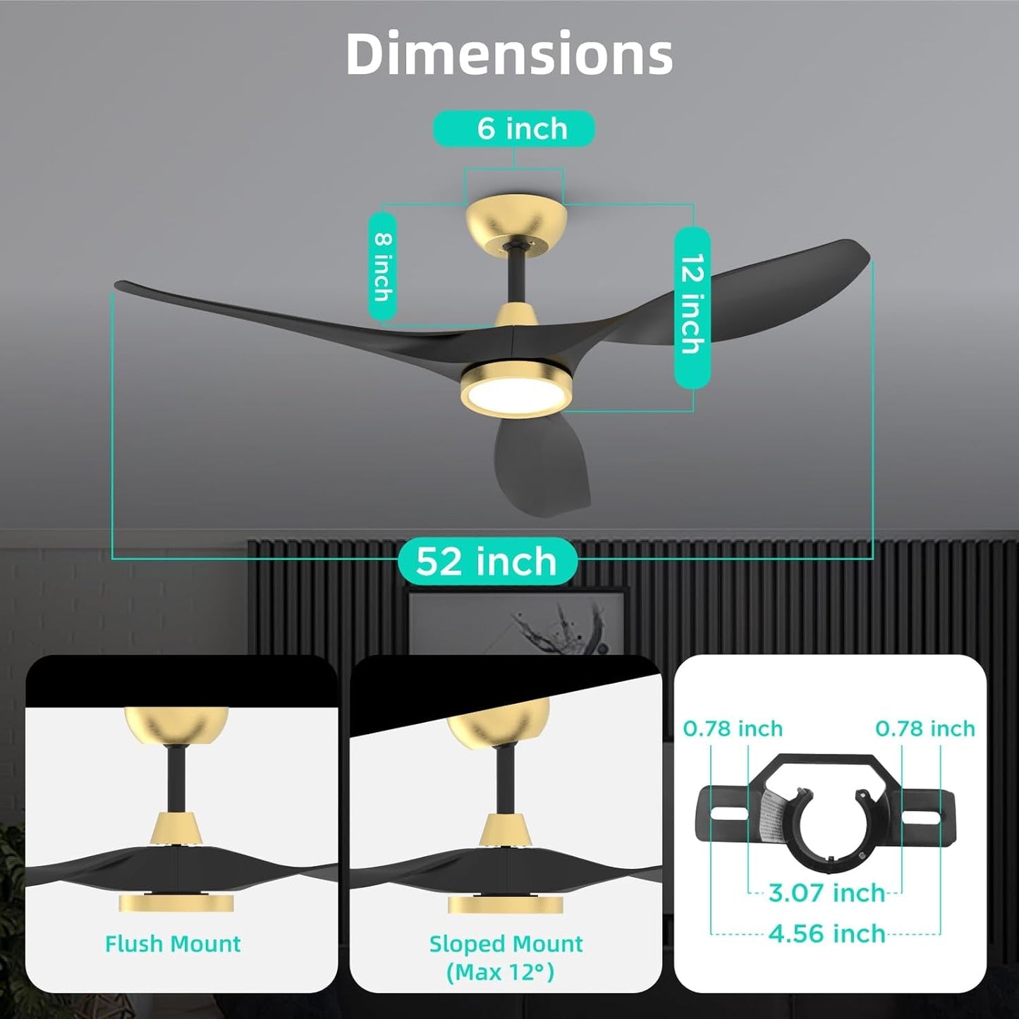 Dimensions of the 52 Inch Black Gold Indoor Ceiling Fan With LED Light, showing flush and sloped mount options.
