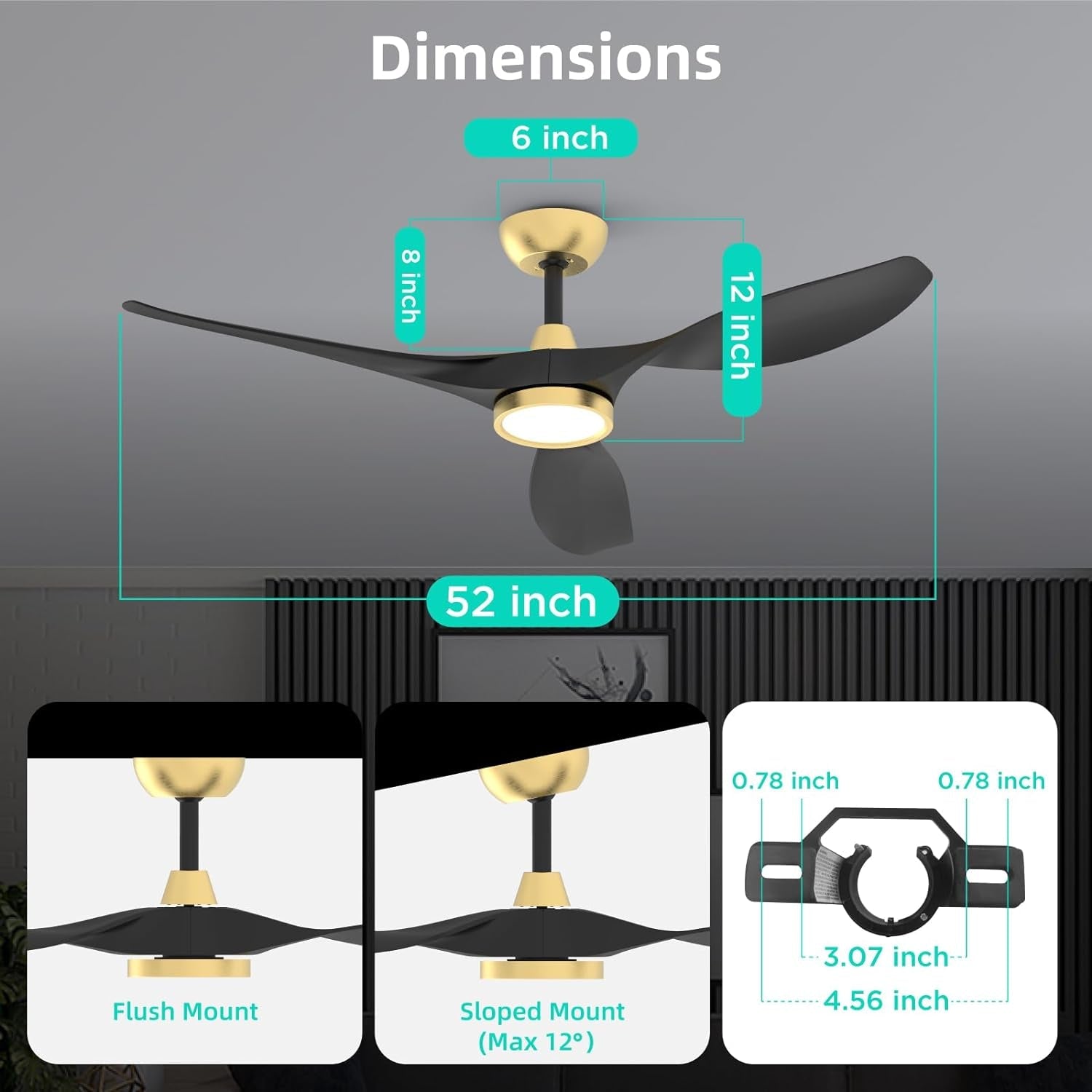 Dimensions of the 52 Inch Black Gold Indoor Ceiling Fan With LED Light, showing flush and sloped mount options.