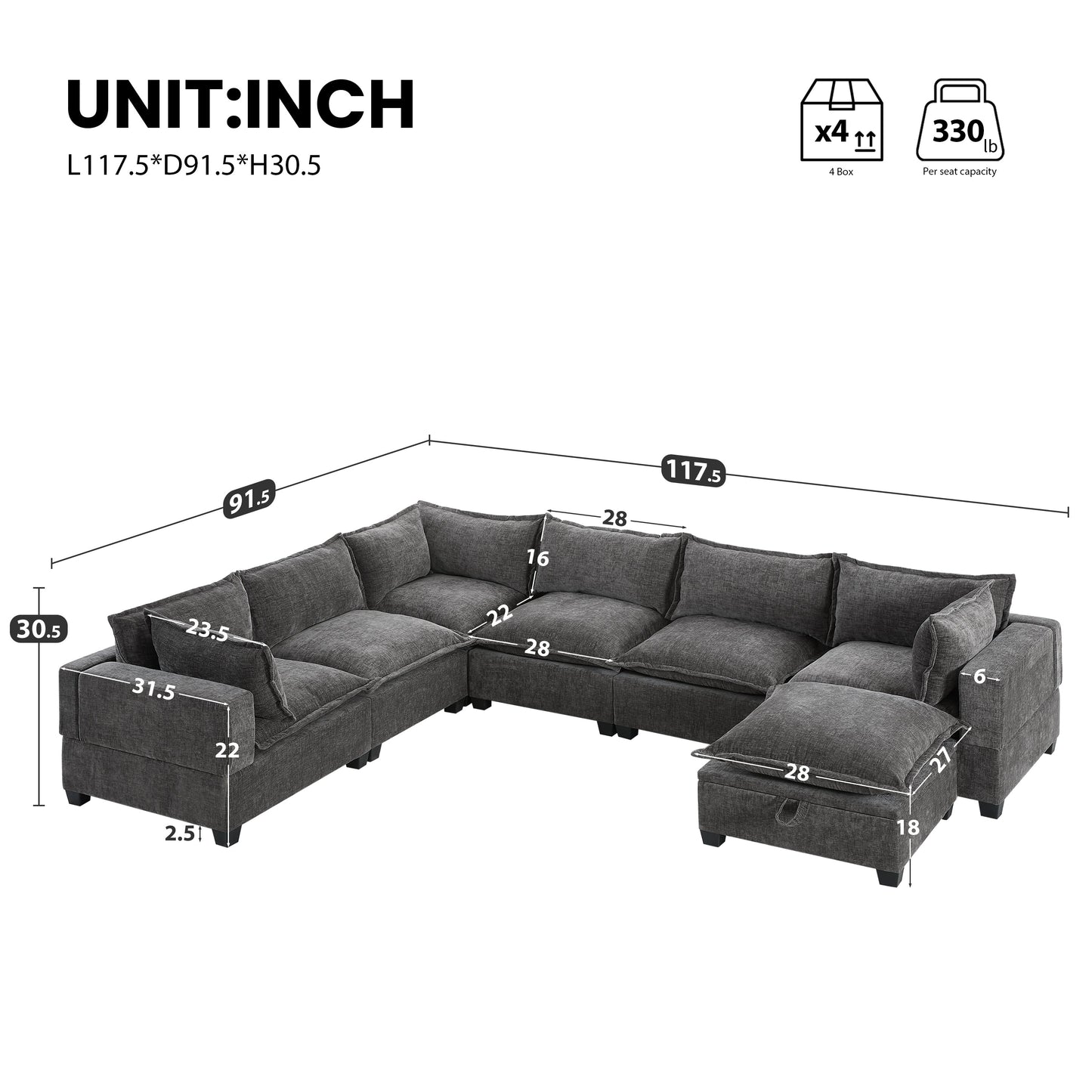 117.5 Inch Modular Sectional Sofa with Movable Storage Ottoman