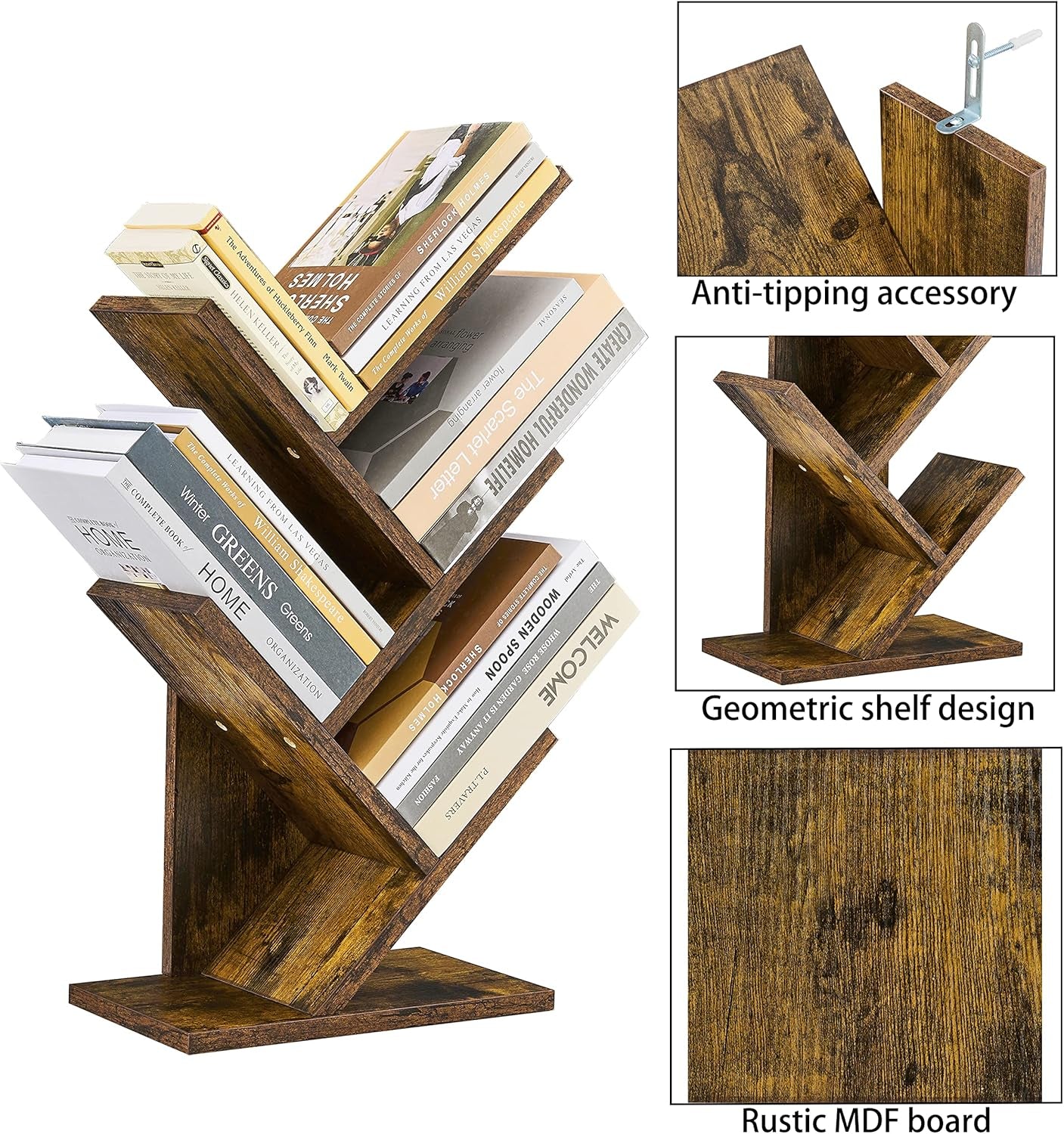 Rustic Brown 4 Tier Tree Bookshelf Free Standing Living Room