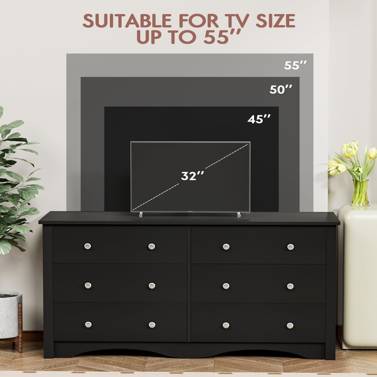Black Dresser With 6 Drawers And TV Stand Storage Chest