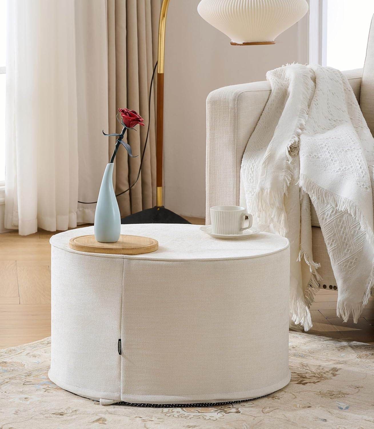 Twenty Two Inch Beige Ottoman Pouf With Ultra Premium Foam