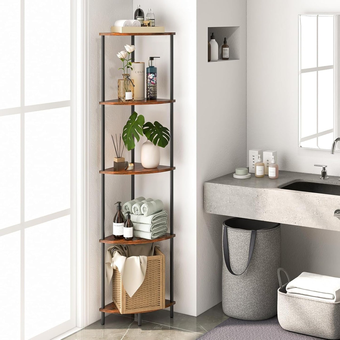 65 Inch Rustic Corner Shelf Stand 5 Tier Bookshelf