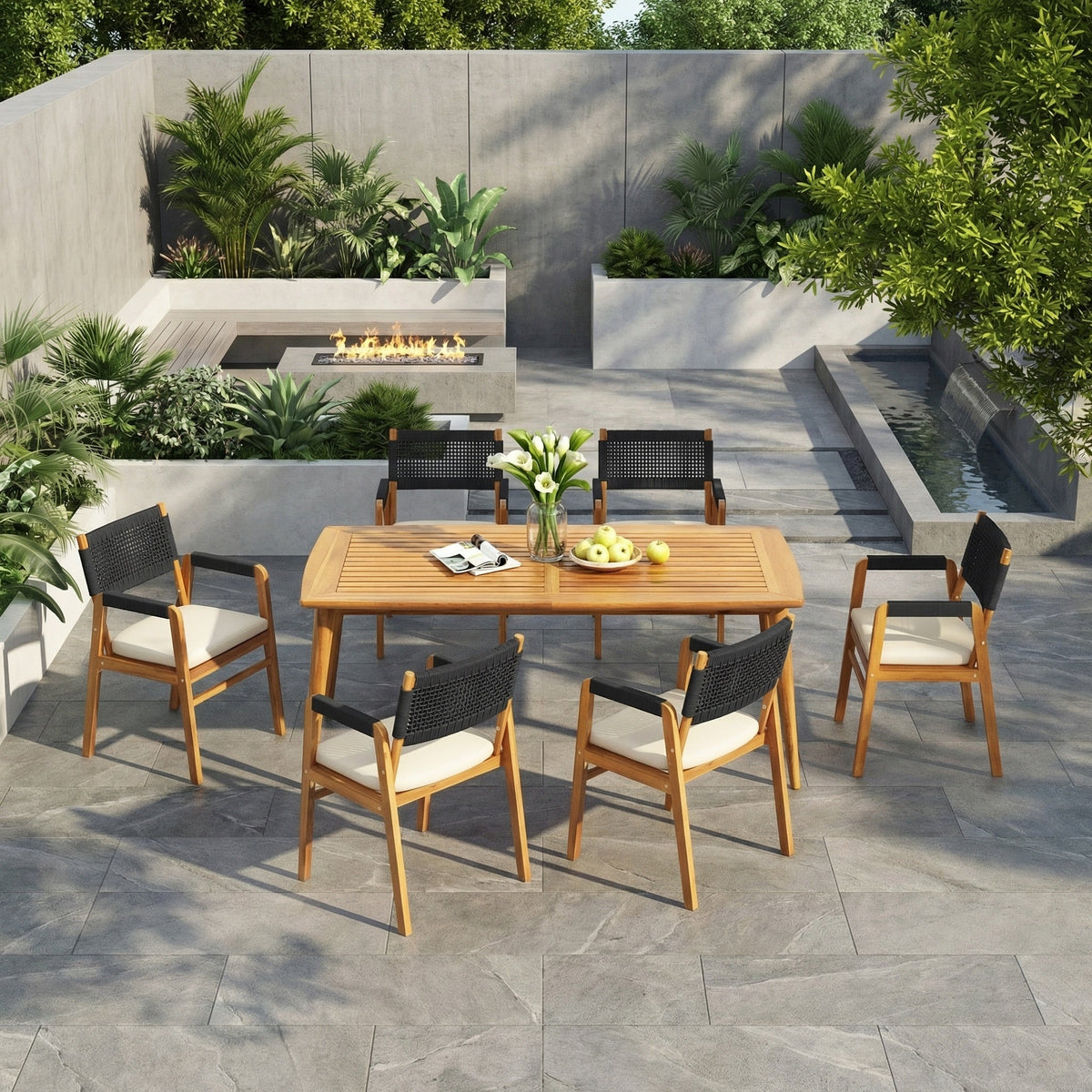 Outdoor Acacia Wood 7-Piece Dining Set with Rope-Woven Armchairs