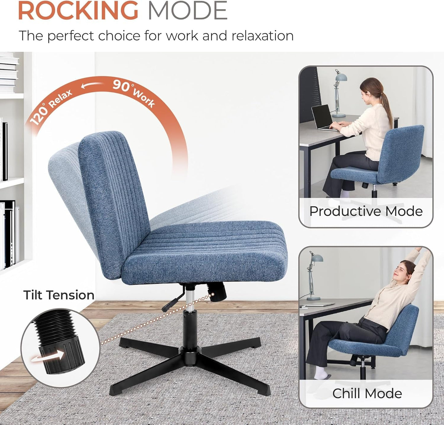 Blue Fabric Padded Cross Legged Office Chair Height Adjustable