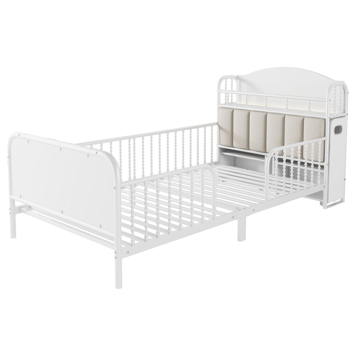 Twin Size Metal Platform Bed Frame with Light, Kids Twin Metal Bed with Upholstered and Pull Out Storage Shelves, White (Expect Arrival Date 2025/10/5)