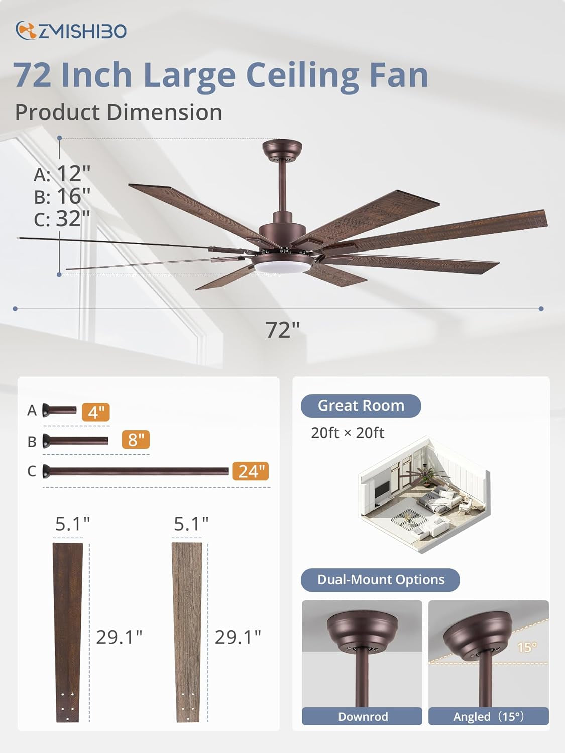 72 Inch Oil Rubbed Bronze Ceiling Fan With Lights Remote product dimension illustration with features and options.