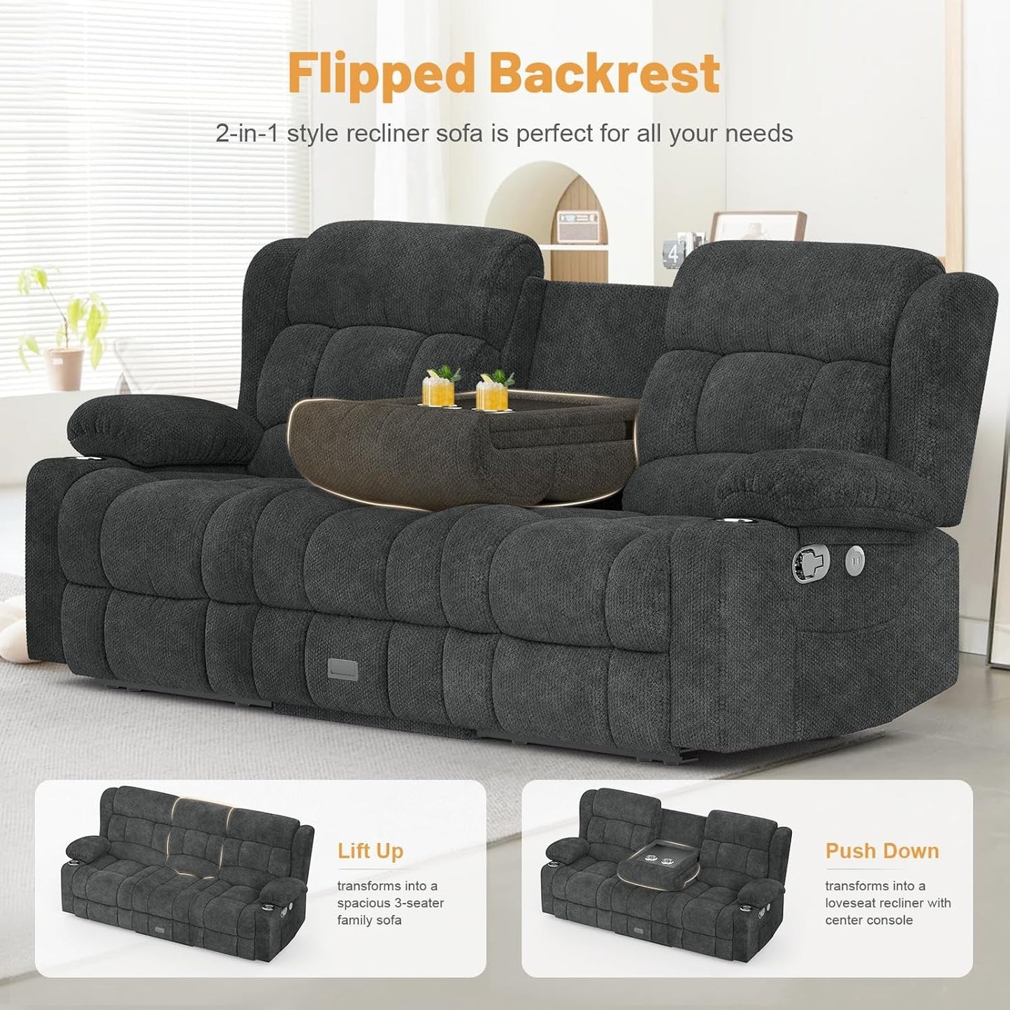 Gray Loveseat Recliner Sofa With Flip Middle Backrest