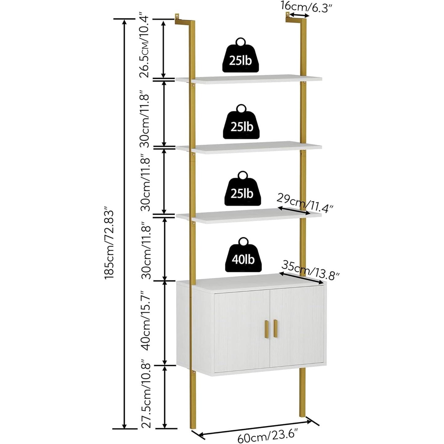 73 Inch Tall Bookshelf With Cabinet Industrial Ladder Wall Shelf White Gold