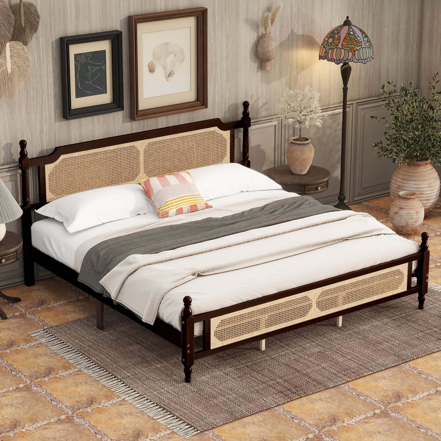 King Pine wooden Bed with Rattan Headboard  and Footboard, with  Central Enhanced Bed Platform ,Espresso