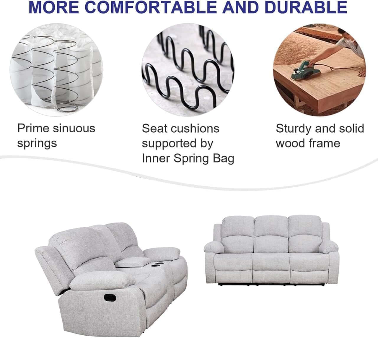 Grey Microfiber Reclining Sofa And Loveseat Set For Living Room with durable springs and wood frame.