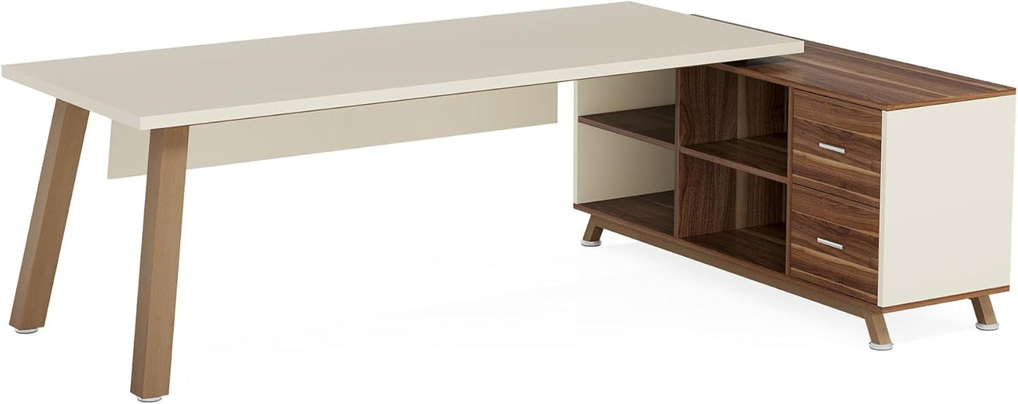 71 Inch Walnut White L Shaped Desk With 55 Inch Cabinet