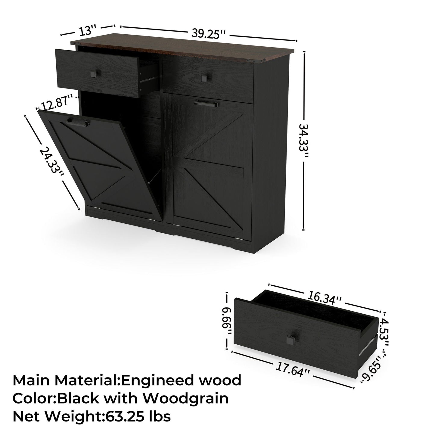 Double Tilt-Out Trash Cabinet With Hideaway Drawer and Barn Door Style